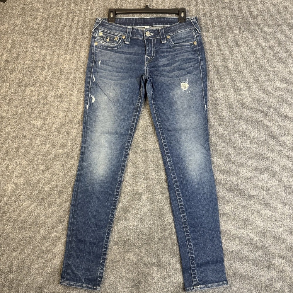 True Religion Jeans Women 29 Blue Skinny Mid Wash Distressed Flap Y2K USA Made
